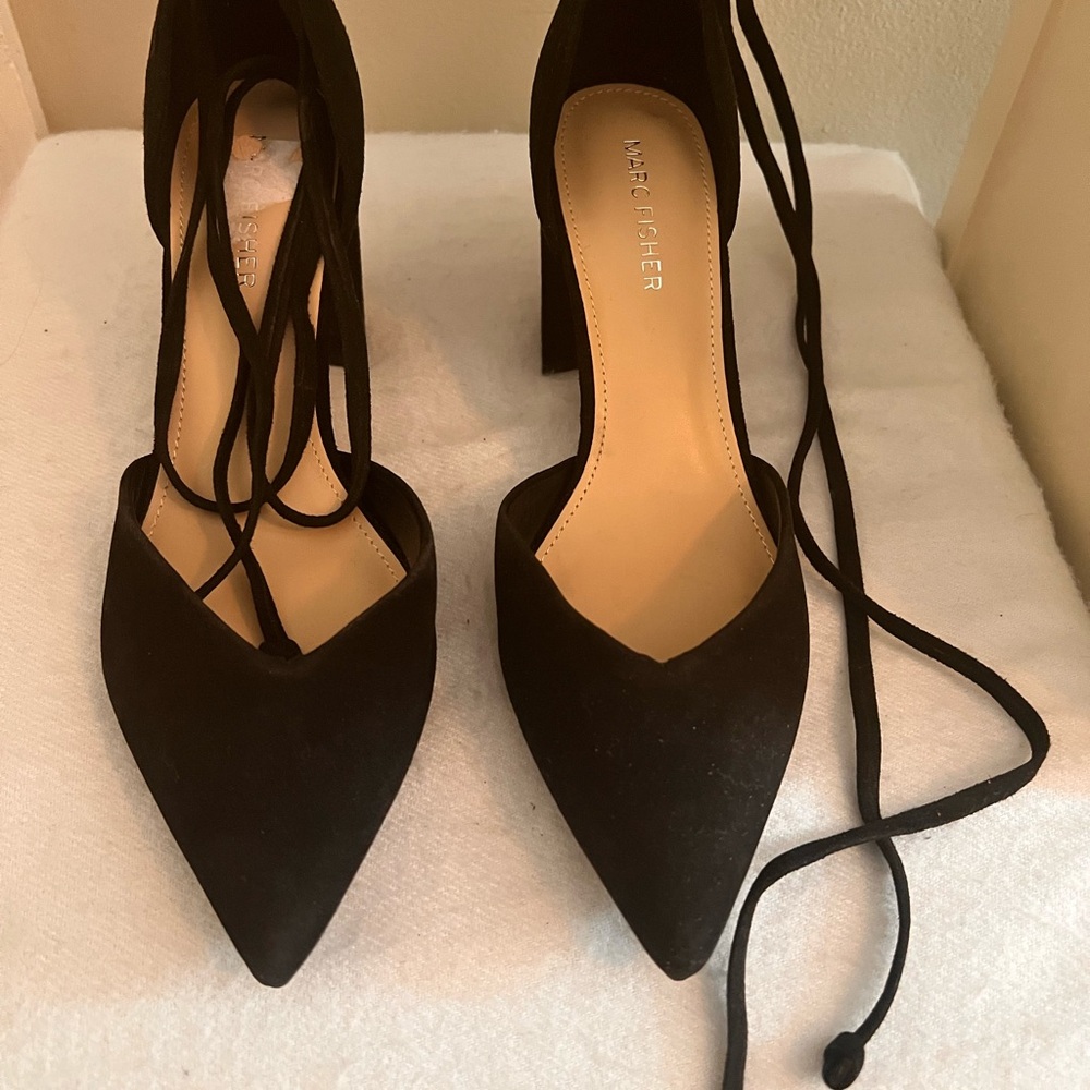 Marc Fisher black suede lace up block heels